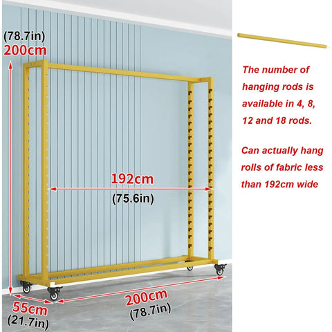 Heavy Duty Mobile Fabric Roll Storage Rack On Casters, Adjustable 18 Rod Organizer dimensions shown on a light wall.