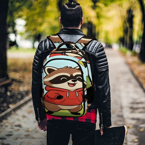 Man wearing Cheerful Meadow Raccoon Print Unisex Daypack With Large Capacity For School And Travel Durable Polyester Backpack