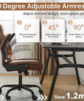 Leather Home Office Desk Chair With Ergonomic Back Support, Swivel Wheels, Flip Up Armrests shown at 90-degree angle, brown