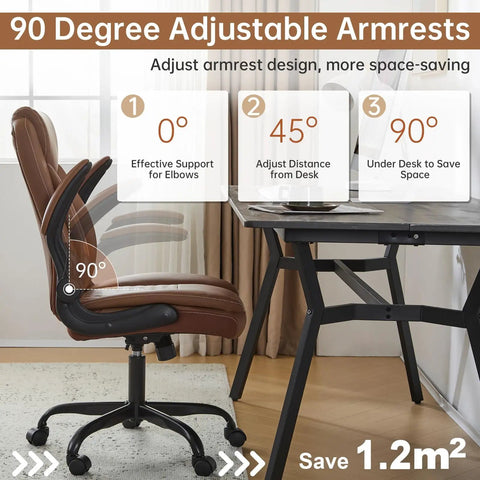 Leather Home Office Desk Chair With Ergonomic Back Support, Swivel Wheels, Flip Up Armrests shown at 90-degree angle, brown