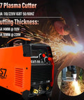 Dual Voltage Pro Grade Plasma Cutter With 50A Inverter, Cuts Up To 20mm Thick, 110 To 220V, shown in use during cutting