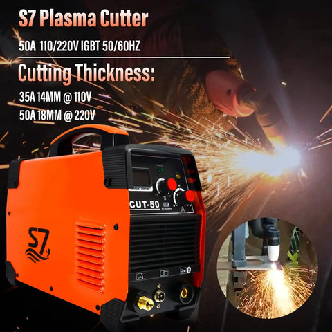 Dual Voltage Pro Grade Plasma Cutter With 50A Inverter, Cuts Up To 20mm Thick, 110 To 220V, shown in use during cutting