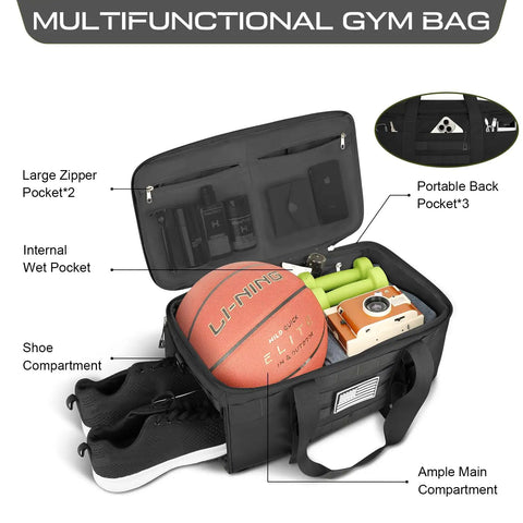 3 In 1 Carry On Duffle Bag With Shoe Compartment And Wet Pocket, Airline Approved 22x14x9, packed with gym equipment