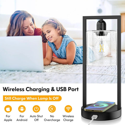 Wireless Charging Touch Control Table Lamp Set Of 2 With USB Port Dimmable Bedside Lamps with seeded glass shade, desk nearby.