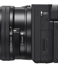 Side view of A6400 Mirrorless Camera Bundle With 16 To 50mm Lens 128GB Extreme Speed Memory Wide Angle And Telephoto Lenses Case Tripod