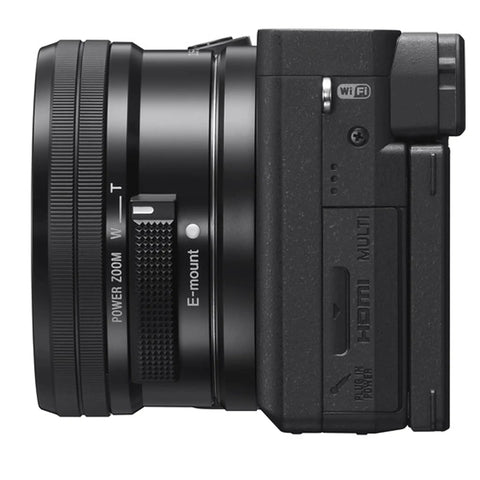 Side view of A6400 Mirrorless Camera Bundle With 16 To 50mm Lens 128GB Extreme Speed Memory Wide Angle And Telephoto Lenses Case Tripod