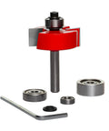 Heavy Duty Multi Rabbet Router Bit Set With Four Swappable Bearings And Grip Tight Quarter Inch Shank, includes router bit and bearings.
