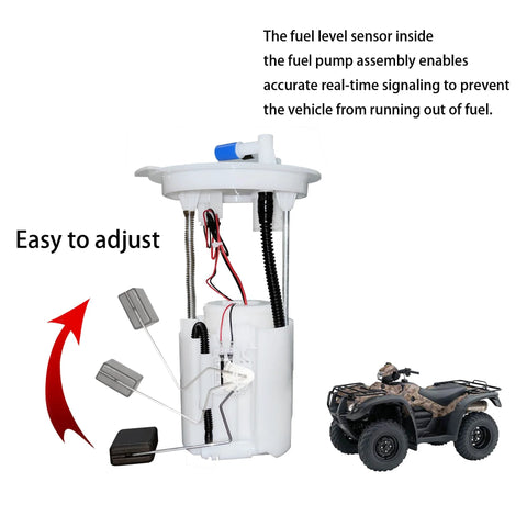 Honda Fuel Pump Assembly 16700 HR3 A21 for TRX420 TRX500 TRX520, shown with ATV, highlighting easy adjustment feature.
