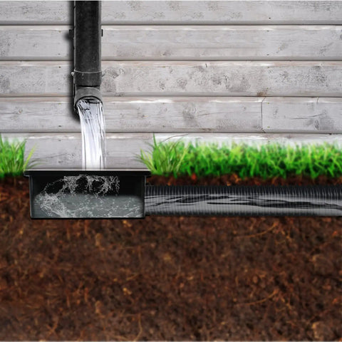 Flexible Gutter Downspout Extension Kit With Leak Proof Hose And Splash Block No Dig Catch Basin Extendable From 1.34 Feet To 5.1 Feet Easy Install Outdoor Rainwater Runoff Redirector directing water away from foundation
