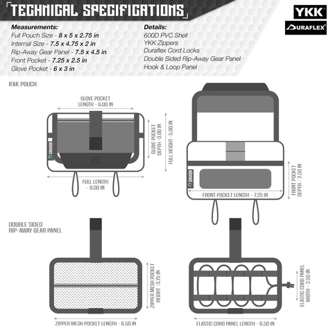 Technical specifications diagram of IFAK Buddy Tactical First Aid Kit With Rip Away Molle Pouch EDC Ready Medical Gear Organizer.