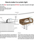 Diagram showing assembly of Lit 16W Bluetooth Fiber Optic Curtain Light Kit with RGBW Waterfall Effect, remote control, and fiber setup.