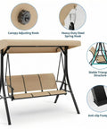 Three Seat Outdoor Patio Swing Chair With Adjustable Canopy And Armrests Breathable Textilene Seat And Back Comfortable Swing Bench For Garden Poolside Or Backyard 3 Person Seating Beige shown with components