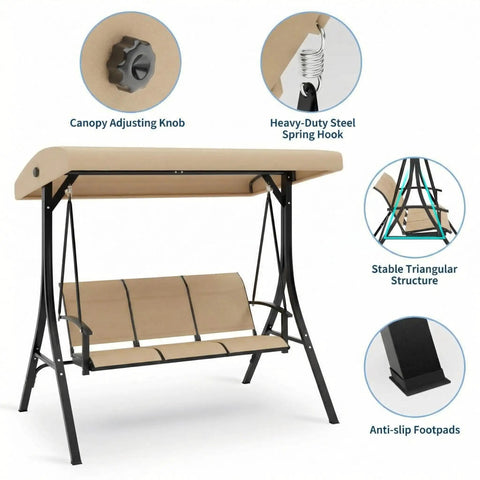 Three Seat Outdoor Patio Swing Chair With Adjustable Canopy And Armrests Breathable Textilene Seat And Back Comfortable Swing Bench For Garden Poolside Or Backyard 3 Person Seating Beige shown with components