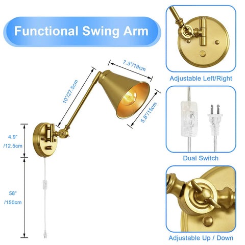 Dimmable Plug-In Wall Sconce Set of 2 in Vintage Brass, Adjustable Swing Arm Lamps with Cord Dimmer shown in detail