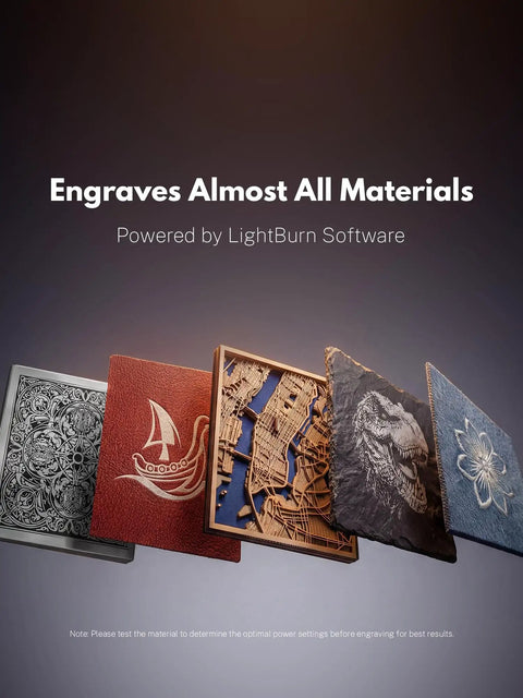 Dual Laser Engraver And Cutter With 20W Fiber Laser And 30W Diode Laser Beast Speed At 15000 Millimeters Per Second 0.001mm Engraving Precision 3D Engraving Machine For Jewelry Metal Wood engraving samples on various materials.