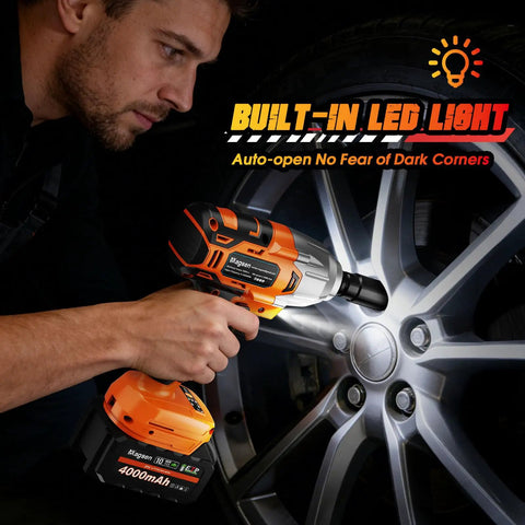 Magsen Cordless Impact Wrench With 700 Ft-Lbs High Torque Brushless Motor And 21V Dual Batteries Includes Six Sockets Hard Case For Car Tire Lug Nut Removal Home Auto Mechanic Tools Heavy Duty Power being used by a mechanic with an LED light on a car tire.