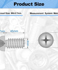 Diagram of 30 Pcs M4x45mm Pan Head Phillips Machine Screws 304 Stainless Steel Fully Threaded 1.75 In For Furniture Repairs And 3D Printers In A Durable Plastic Storage Box with screw measurements visible.