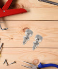 Premium Quality Two Piece Stainless Steel Indexing Plungers With Knurled Grip Handles Quick Release Easy Snap Retractable Spring Locking Pins For Toolbox And Tough As Nails Gear on wooden workbench with tools.