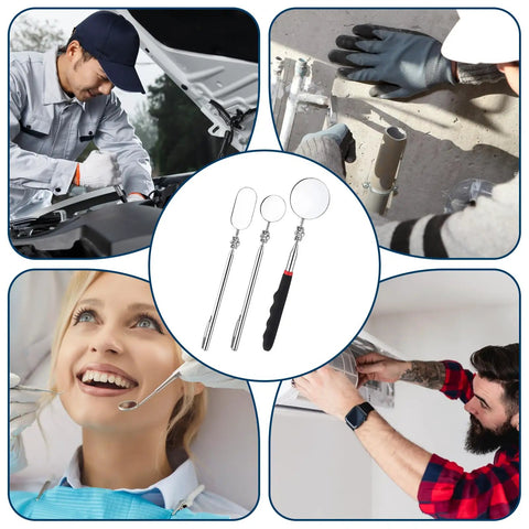Three Piece Stainless Steel Extendable Mechanic Mirror Set With Telescoping Rotating Head Inspection Mirrors in mechanic use.