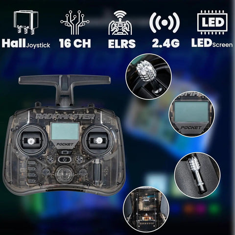 Dope ELRS FPV Whoop Drone RTF with Pocket Controller showing Hall joystick and LED screen details.