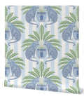 Top Shelf PVC Free Preppy Wallpaper With Heavy Duty Matte Linen Texture Ideal For Busy Homes Or Tight Offices featuring leopards and plants on a striped background.
