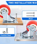 2.5 Inch Mixed Locking And Swivel Casters Set Of 4 With Side Brakes And PU Wheels, shown with wood and metal installation methods.