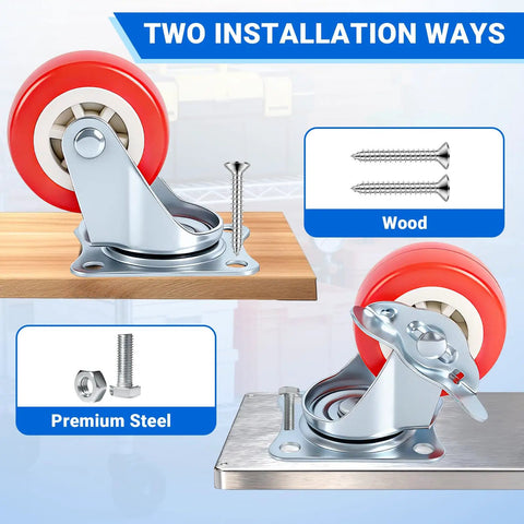 2.5 Inch Mixed Locking And Swivel Casters Set Of 4 With Side Brakes And PU Wheels, shown with wood and metal installation methods.