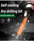 JOERIC orange hex-shank dry diamond drill bit in a drill chuck cutting into stone surface