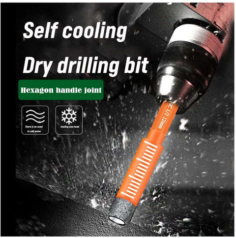 JOERIC orange hex-shank dry diamond drill bit in a drill chuck cutting into stone surface