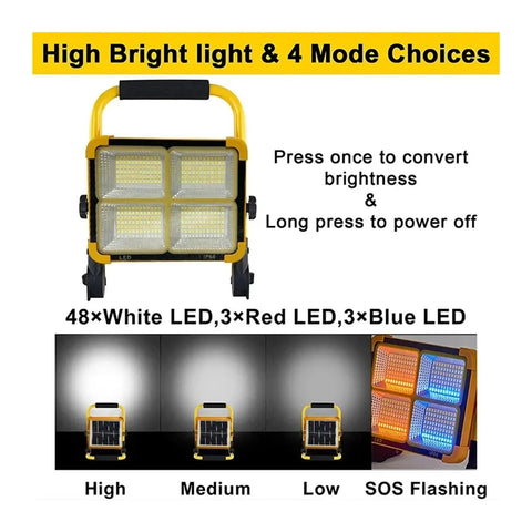 JUDYSSY 1000W Solar Flood Light Portable Led Reflector Spotlight with 4 mode choices for versatile outdoor use