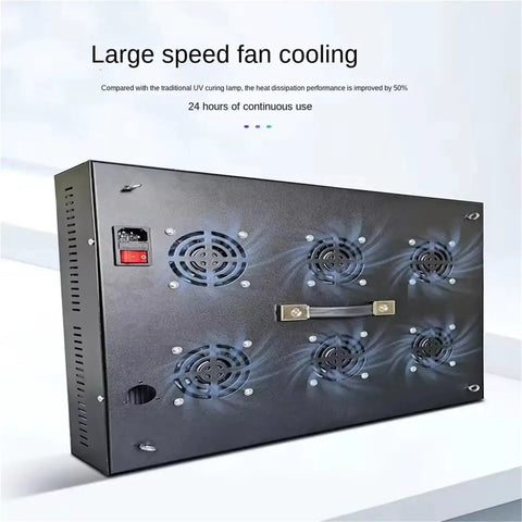 Robust Workhorse UV Curing Light With 365Nm 395Nm And 405Nm Bands For Fast Resin And Adhesive Cure Smooth Screen Printing Workflow And Fluorescence Spot Checks Us Plug Ready To Roll showing large speed fan cooling design.