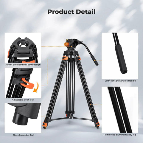 80 Inch Aluminum Fluid Head Video Tripod With Quick Release Plate, Smooth 360 Pan And -70 To 90 Tilt, Heavy Duty Support