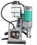 Zhimei 1450W Magnetic Drill Press With Speed Control, Electric Metal Boring Machine, close-up view of motor and coolant tank.
