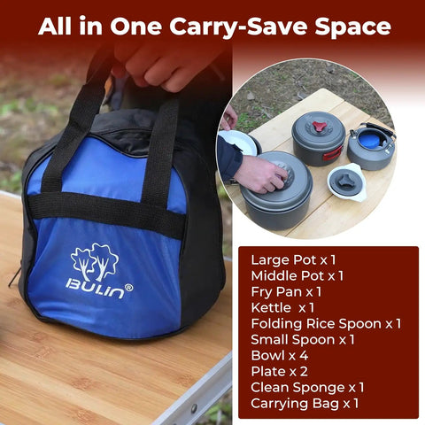 Lightweight Backpacking Camping Cookware Set For Two To Four People with carry bag and outdoor setup featuring pots and kettle.
