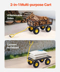 Heavy Duty Steel Garden Cart With Ten Inch All Terrain Tires On Wheels, 500 Lb Load Capacity, Removable Mesh Sides, And 180 Degree Rotating Handle, shown with firewood and flatbed configuration.