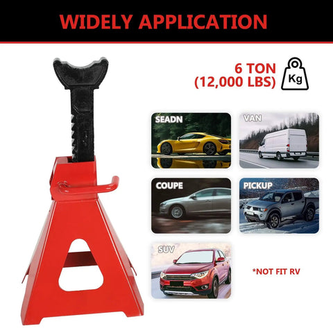 6 Ton Heavy Duty Automotive Jack Stands Pair For Garages And Shops, Steel Car Lifting Stands With Adjustable Height From 11.4 To 16.8 Inches, Wide Top Saddle For Secure Support, Red.