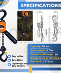 Chain Hoist Come Along One Quarter Ton With Ten Foot Lift 550 Lbs Capacity G80 Manganese Chain showing specifications and design details