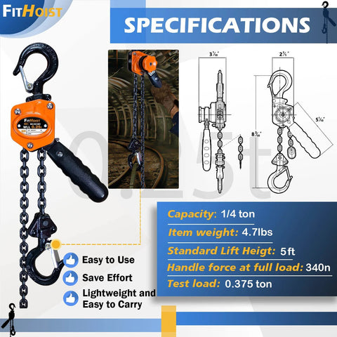 Chain Hoist Come Along One Quarter Ton With Ten Foot Lift 550 Lbs Capacity G80 Manganese Chain showing specifications and design details