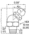 Diagram showing 6 Mm X 1 Mm 45 Degree Grease Fittings With Ball Check, Zinc Plated, with dimensions and angles