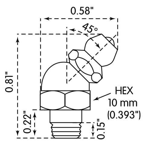Diagram showing 6 Mm X 1 Mm 45 Degree Grease Fittings With Ball Check, Zinc Plated, with dimensions and angles