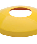 Rock Solid Steel Bollard Dome Cover Fits 4.5 Inch Parking Lot Posts Yellow Powder Coated Finish, close-up view of cap.