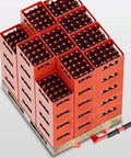 Heavy Duty Machinery Skates With Steering Handle dual PU or steel wheels moving stacked red crates on a wooden pallet.