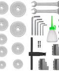 Badass Precision Bench Top Mini Metal Lathe 7X14 Inch accessories including gears, wrenches, and tools for metalworking.