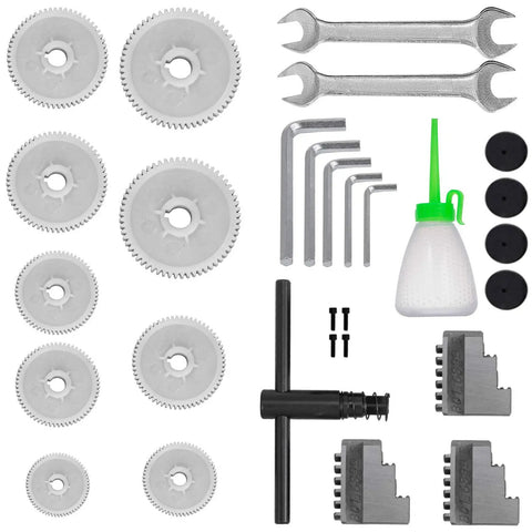 Badass Precision Bench Top Mini Metal Lathe 7X14 Inch accessories including gears, wrenches, and tools for metalworking.