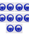 Hard Hat Safety Stickers For The Job Site Self Adhesive Warning Decals For Machinery And Construction Equipment 5 Sheets High Visibility Indoor Outdoor Use Paper Material Signs showing hard hat symbols on blue circles.