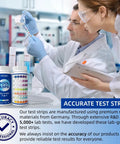 Laboratory scene showing the 7 In 1 Pool Test Strips 150 Count Hot Tub And Spa Water Tester being analyzed for accurate chemical testing.