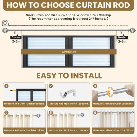 Illustration showing how to install decorative curtain rod with birdcage finial design, adjustable 28 to 48 inch length.