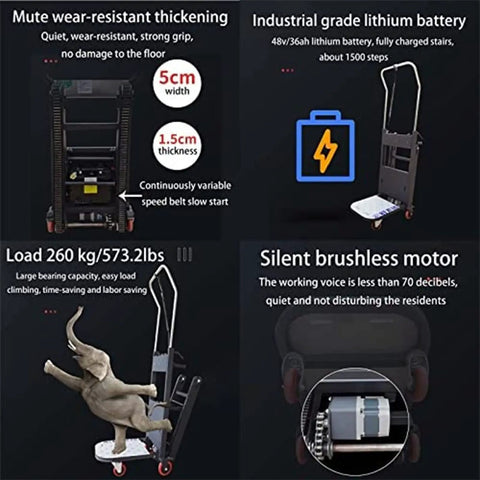 This Electric Stair Climbing Hand Truck Cart Is A Total Beast For Moving Heavy Gear. It Features Flexi Wheels And Shock Absorption So You Can Glide Up Steps Like A Boss Without Breaking Your Back Or Sweating Hard. Image showing load capacity, battery specs, and design features.