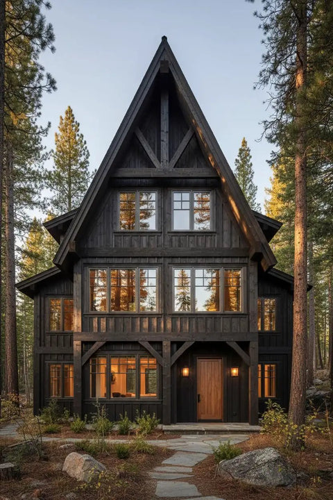Pro Grade Reactive Water Based Wood Stain For Interior Or Exterior Creates A Badass Smoked Black Brown Finish on a rustic chalet-style house.