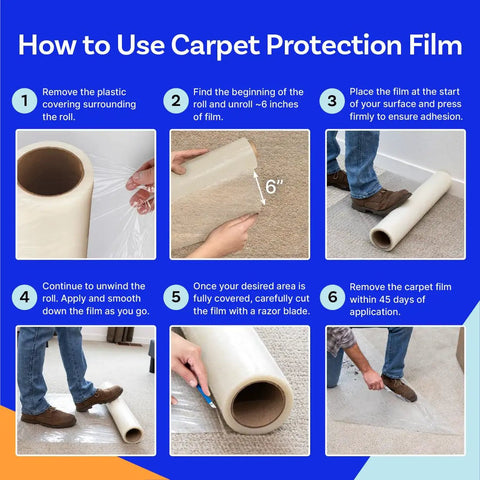 How-to guide for Carpet Protection Film 24 Inch By 200 Foot Roll With Self Adhesive Easy Unwind Clean Removal in six steps.